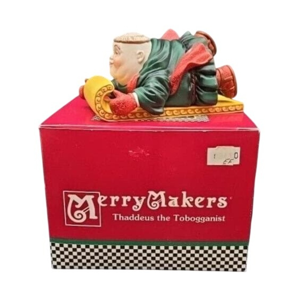 MerryMakers Thaddeus the Tobogganist Holiday Figurine Monk Sledding‎ Christmas